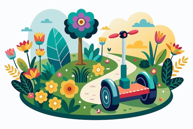 Vector una encantadora imagen de estilo de dibujos animados de un segway decorado con flores rodando por una carretera