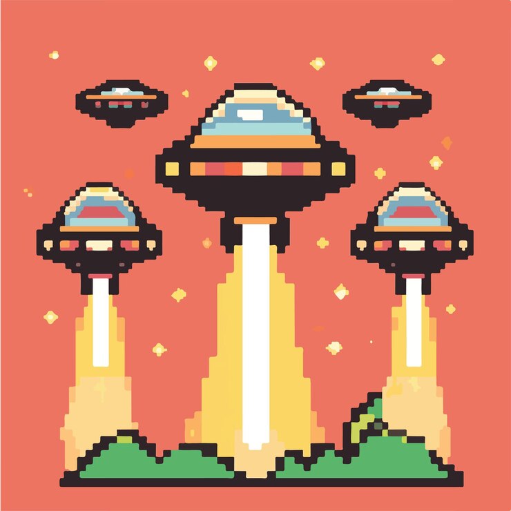 Vector encantadora invasión alienígena retro de 8 bits con ilustración vectorial de ovnis pixelados
