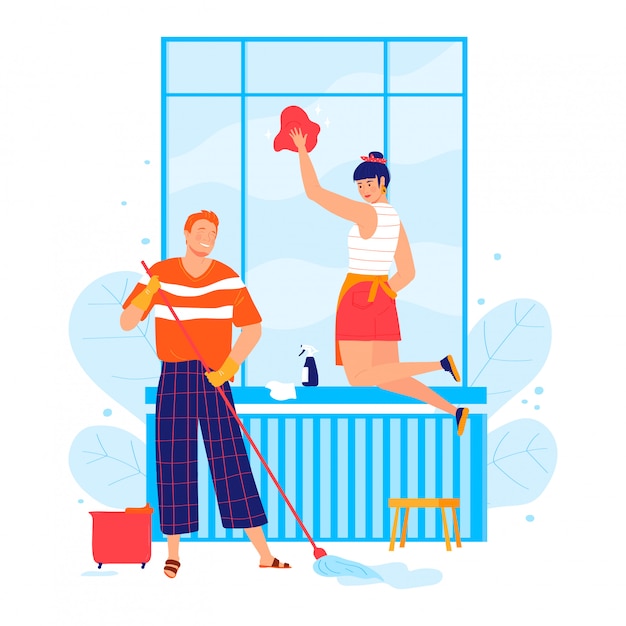 Vector encantadora joven pareja casada, personaje masculino femenino sala de limpieza aislado en blanco, ilustración de dibujos animados. persona junto lavar ventana.