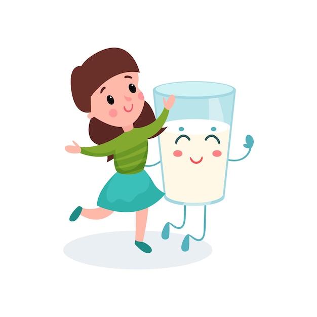 Encantadora niña jugando con un vaso de leche humanizado con cara sonriente, comida saludable para la ilustración de vectores de dibujos animados para niños aislada en un fondo blanco