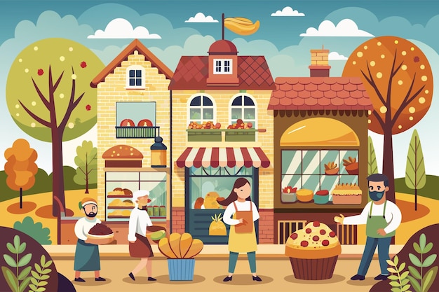 Encantadora panadería de pueblo con deliciosos pasteles y personal amigable Ilustración