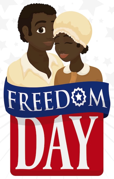 Encantadora pareja de piel oscura sobre cintas de saludo celebrando el día de la libertad