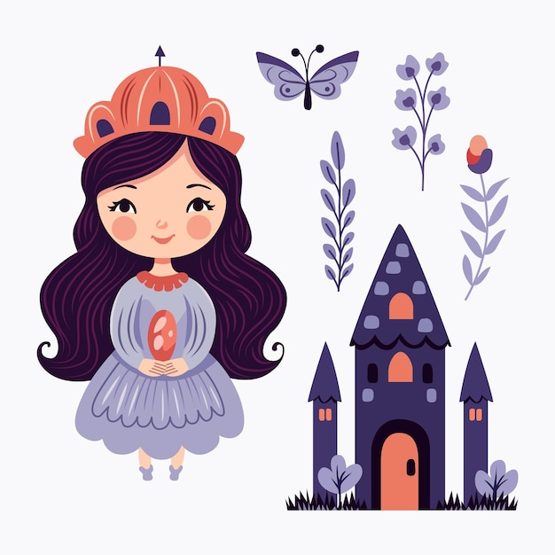 Vector encantadora princesa de dibujos animados en tonos violetas rodeada de flores caprichosas y un castillo encantador