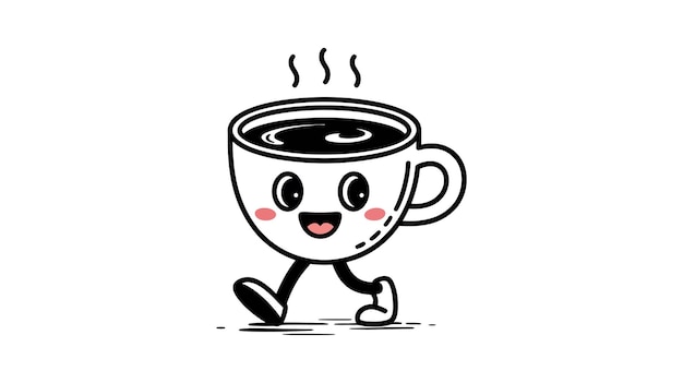 Una encantadora taza de café animada con una cara sonriente, piernas y brazos.