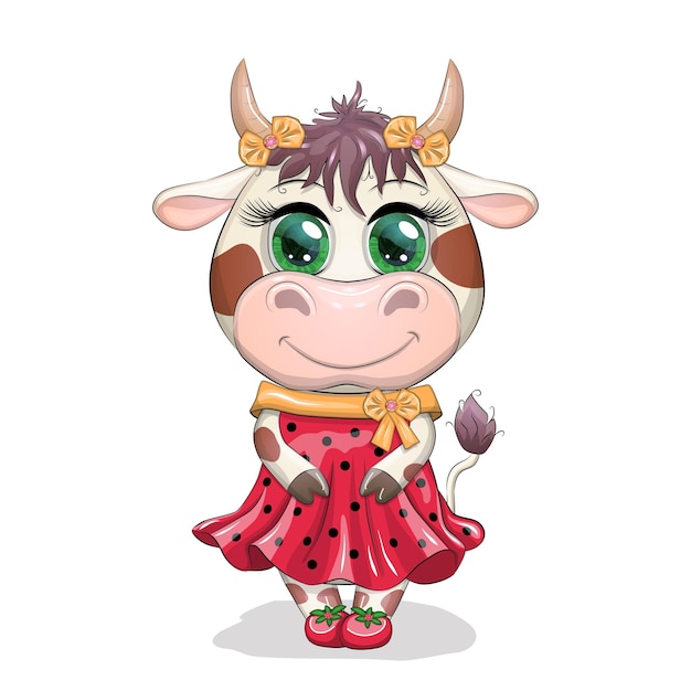 Encantadora vaquera con hermosos ojos en un vestido rojo con guisantes negros como una mariquita Divertida dama de personaje de vaca