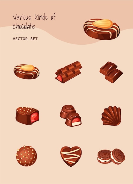 Vector encantadora variedad de chocolates dibujada a mano