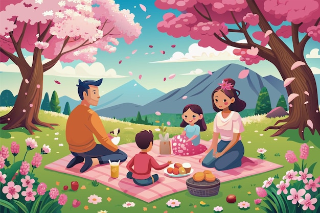 Vector encantadoras flores de cerezo que florecen en un bosque de primavera y un picnic familiar en flor de cerezo