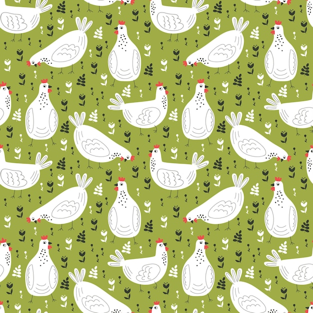 Encantadoras gallinas y gallos Patrón sin costuras Ilustración vectorial