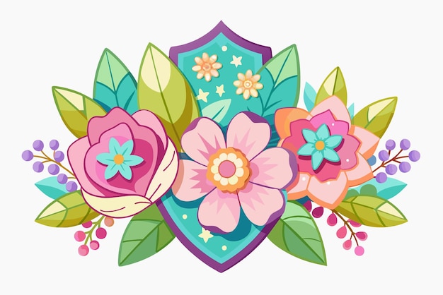 Vector encantadoras insignias adornadas con flores vibrantes sobre un fondo blanco prístino