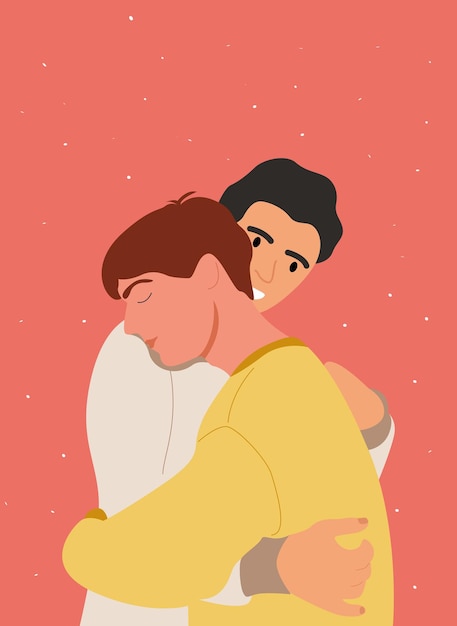 Encantadores adolescentes homosexuales LGBT se aman y se abrazan. La relación de los hombres y sus abrazos. Vector