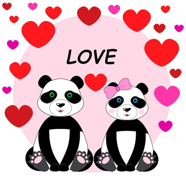 Encantadores pandas enamorados Etiqueta engomada de la tarjeta de felicitación del día de San Valentín Ilustración vectorial aislada sobre fondo blanco