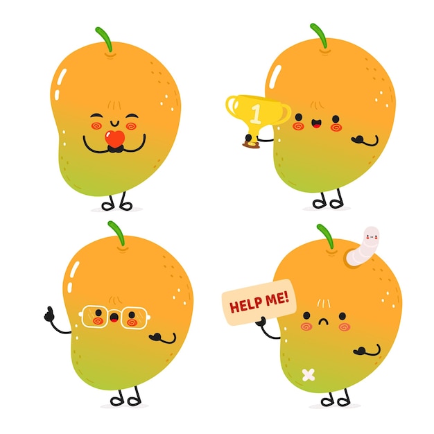 Los encantadores personajes de mango muestran diferentes estados de ánimo celebrando ser útiles y experimentar diferentes