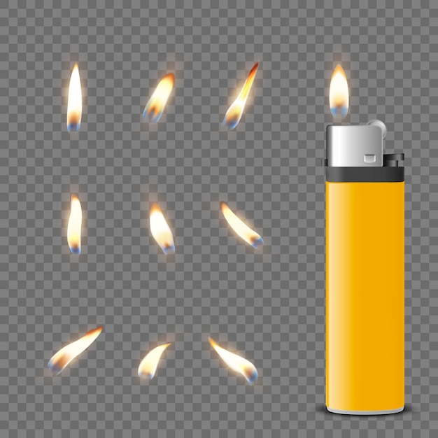 Encendedor de gasolina amarillo en blanco realista vectorial 3d y conjunto de iconos de llama ardiente fuego aislado de una plantilla de diseño de encendedor de vista frontal de llama más ligera