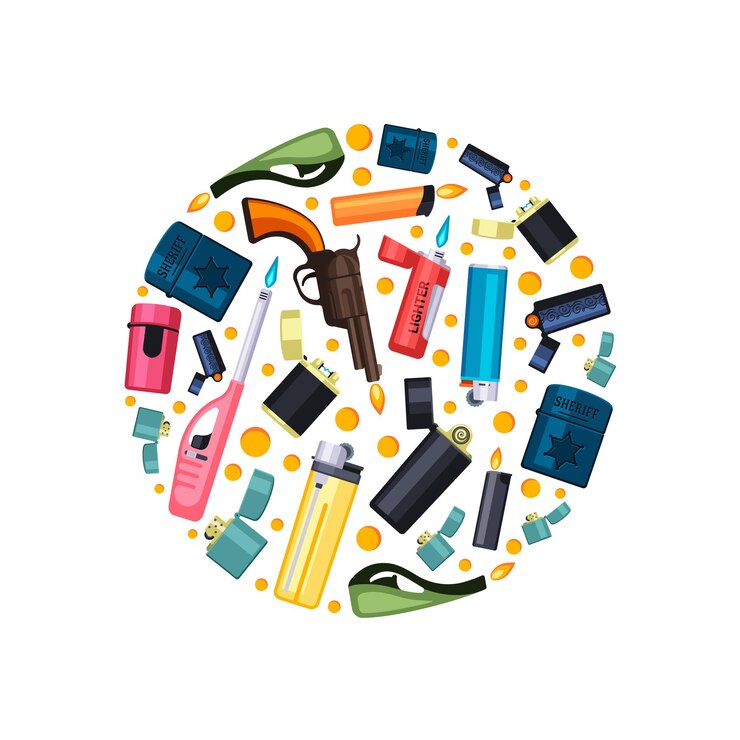 Vector encendedores de gasolina círculo de dibujos animados herramienta de cocina de gas plana dispuesta en un fondo en forma de círculo accesorios para cigarros vector fondo de dibujos animados