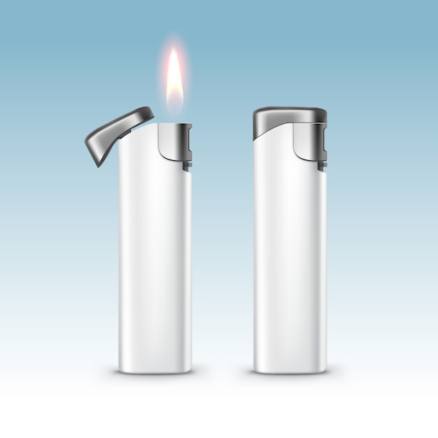 Encendedores de metal de plástico blanco en blanco con llama cerrar