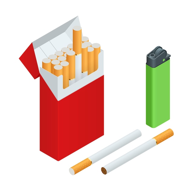 Vector encendedores, paquete de cigarrillos, cigarrillo. ilustración isométrica vectorial plana 3d