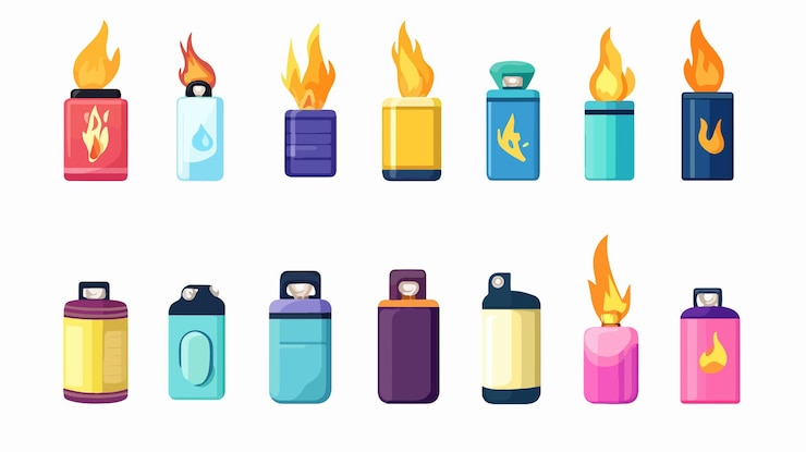 Vector encendedores planos de dibujos animados con accesorios para fumar