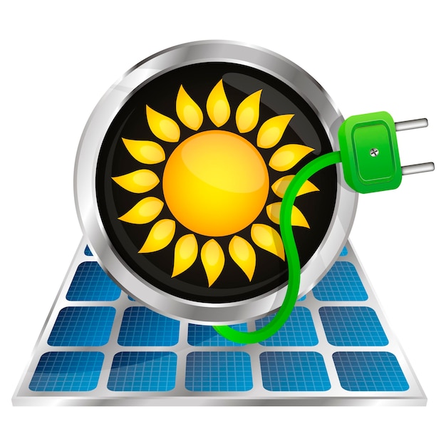 Vector enchufe eléctrico de sol amarillo y paneles eléctricos solares.