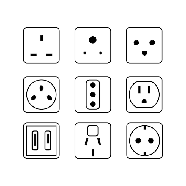 Enchufe eléctrico de vector de línea simple en estilo plano establecer ilustración de icono