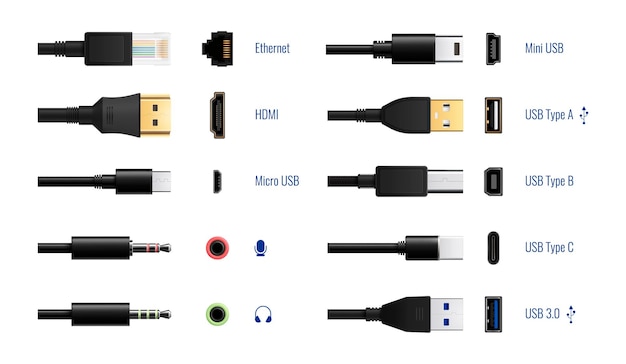 Enchufe de puerto de tipos USB en un conjunto realista de conectores de cable de computadora aislados y subtítulos de texto editables ilustración vectorial