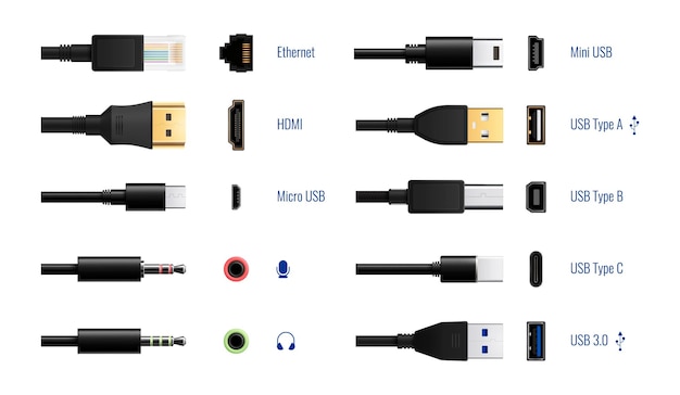 Vector enchufe de puerto de tipos usb en un conjunto realista de conectores de cable de computadora aislados y subtítulos de texto editables ilustración vectorial