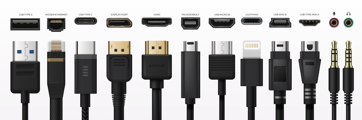 Vector enchufe usb. puerto typec conector usb que reemplaza el tipo a micro y mini usb, conector de carga jack de 3, 5 mm
