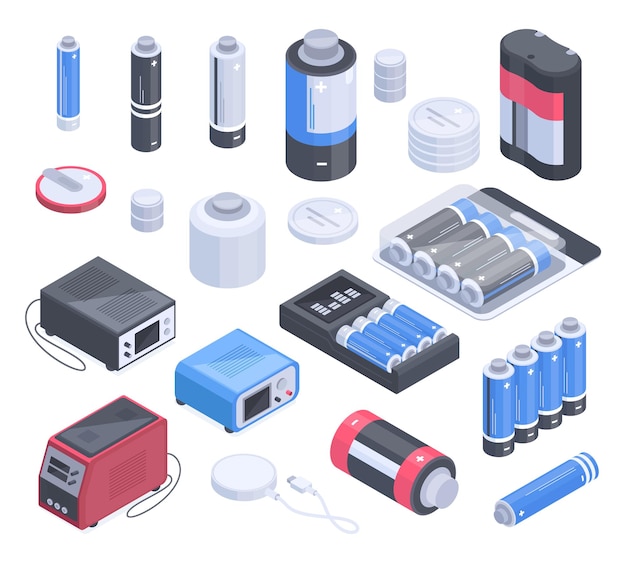 Enchufes de carga de batería isométrica elementos de electricidad de energía conjunto de ilustración de vector 3d