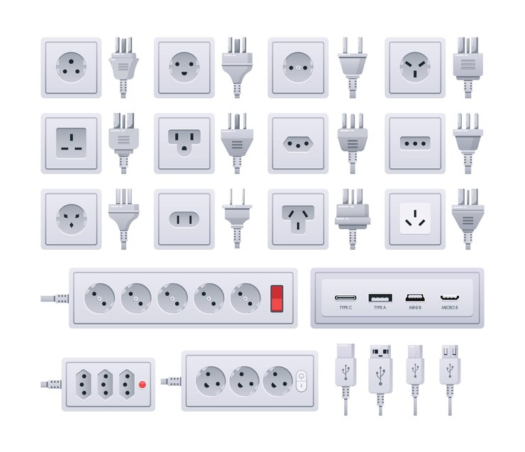 Vector enchufes de enchufe estándar que incluyen tipo a tipo c y tipo g diferentes formas y configuraciones de puntas ilustración vectorial