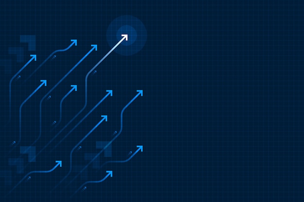 Vector encienda el circuito ascendente de la flecha en fondo azul marino con el ejemplo de la copia del espacio de la copia, concepto del crecimiento del negocio.