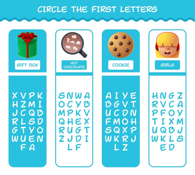 Vector encierra en un círculo las primeras letras de la navidad de dibujos animados. juego de correspondencias. juego educativo para niños y niños pequeños en edad preescolar.