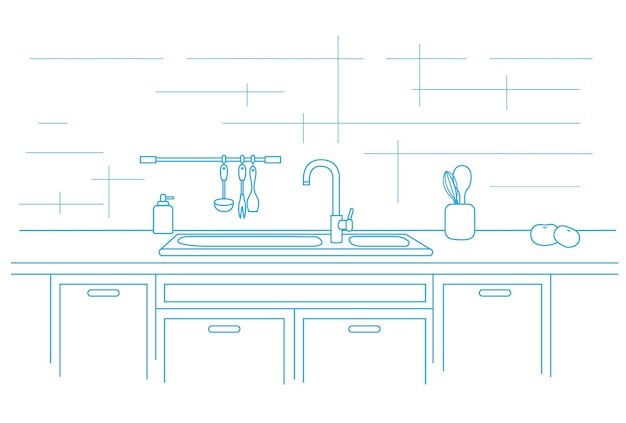 Vector encimera de cocina con fregadero ilustración de vector lineal