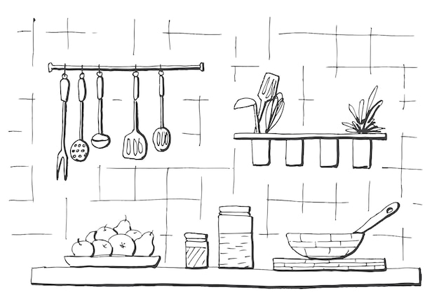 Encimera de cocina. Tablero de mesa en la cocina. ilustración en estilo boceto.