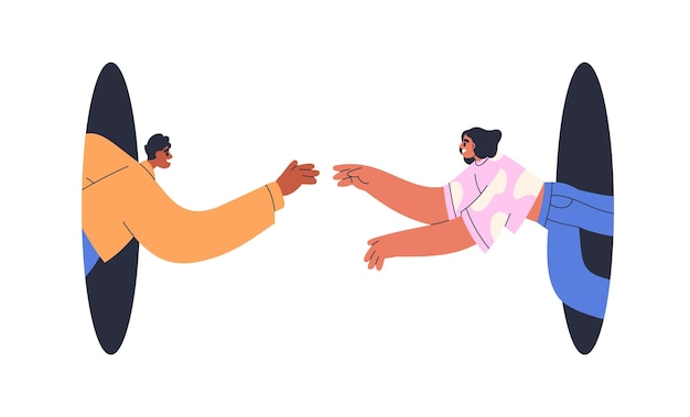 Encontrar el concepto de relación de pareja de amor Hombre y mujer jóvenes felices volando fuera de los agujeros hacia el otro Valentines reunión uniendo Ilustración vectorial gráfica plana aislada sobre fondo blanco