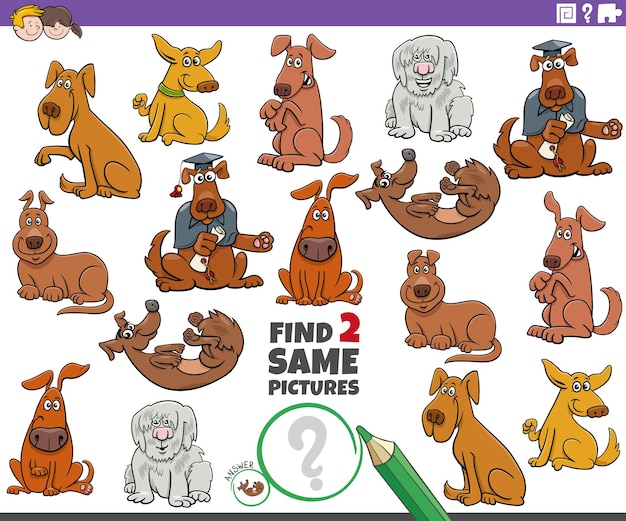 encontrar dos mismos personajes de perros de dibujos animados tarea educativa