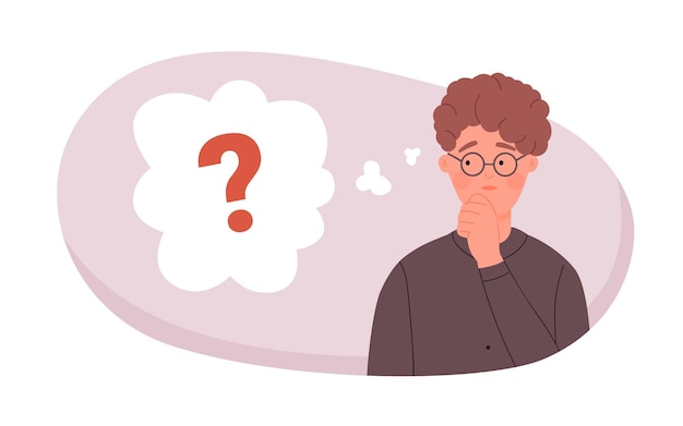 Encontrar la idea de respuesta para preguntar al estudiante nerd con gafas pensando en el problema del trabajo de estudio