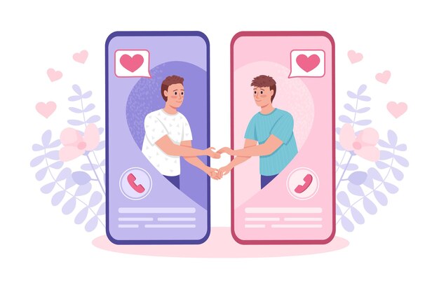 Encontrar la ilustración de vector de concepto plano en línea de relación. Dos chicos enamorados aislaron personajes de dibujos animados 2D en blanco para el diseño web. Conocer a un alma gemela a través de una idea creativa de una aplicación de citas