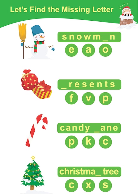 Encontremos la letra que falta. Hoja de trabajo preescolar con tema navideño. Hoja educativa de ortografía.