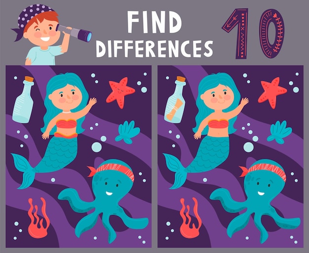 Encuentra 10 diferencias juego para niños sirena bajo el agua en estilo de dibujos animados juego educativo para niños p
