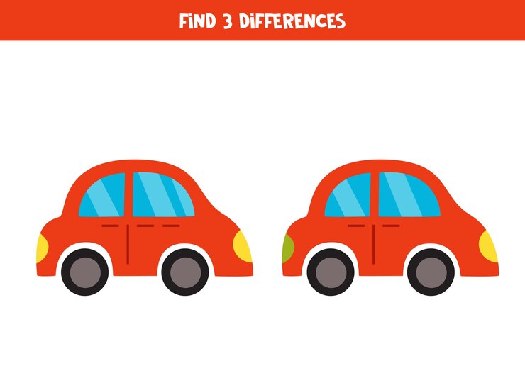 Vector encuentra 3 diferencias entre dos coches de juguete de dibujos animados