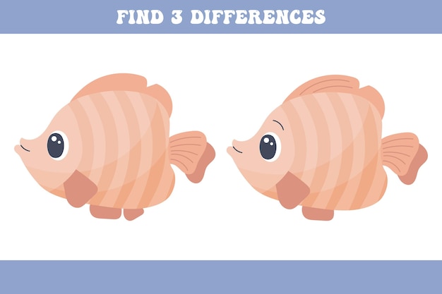 Encuentra 3 diferencias entre los dos peces Vector de rompecabezas educativo del juego de lógica infantil