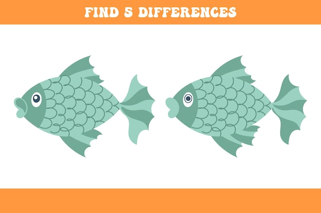 Encuentra 5 diferencias entre dos peces de dibujos animados Juego de lógica infantil Vector de rompecabezas educativo