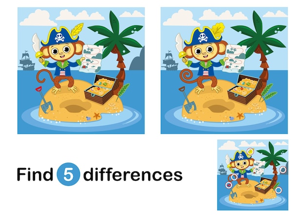 Encuentra 5 diferencias juego educativo para niños mono pirata en la isla ilustración vectorial