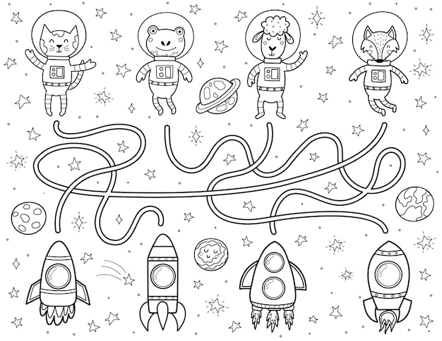 Encuentra el camino correcto hacia los cohetes para cada animal astronauta Laberinto espacial en blanco y negro para niños