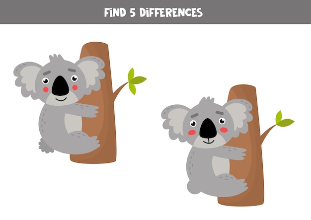 Encuentra cinco diferencias entre imágenes de lindos koalas en árboles. Juego de lógica educativo para niños. Hoja de trabajo de atención para niños en edad preescolar.