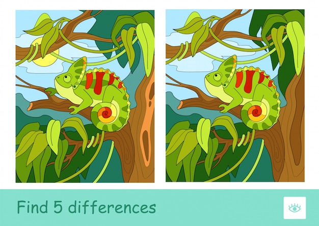 Encuentra cinco diferencias en el juego de aprendizaje de niños con la imagen de un camaleón sentado en el árbol en la selva. imagen colorida de animales. actividad de desarrollo para niños.