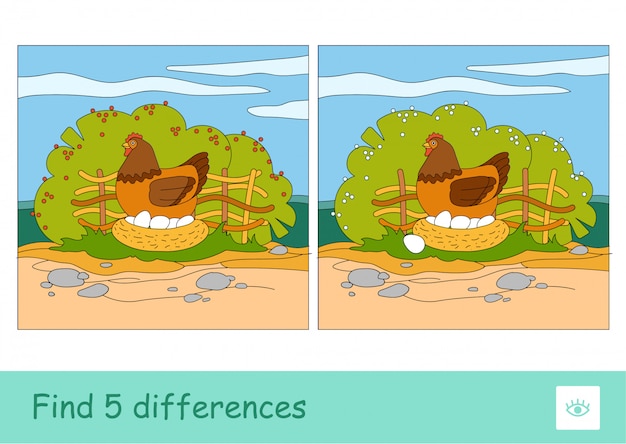 Encuentra cinco diferencias en el juego de aprendizaje para niños con la imagen del pollo de cría sentado en los huevos en el patio de aves de granja con fondo de jardín. Imagen colorida de animales domésticos.