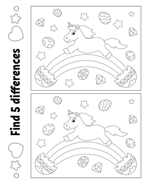 Encuentra cinco diferencias Página para colorear para niños Tema de Pascua Hoja de trabajo para niños