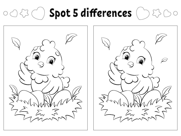 Encuentra cinco diferencias Tema de Pascua Página para colorear para niños Hoja de trabajo de actividades para niños