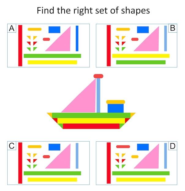 Encuentra el conjunto correcto de formas geométricas Actividad de hoja de trabajo preescolar Vector