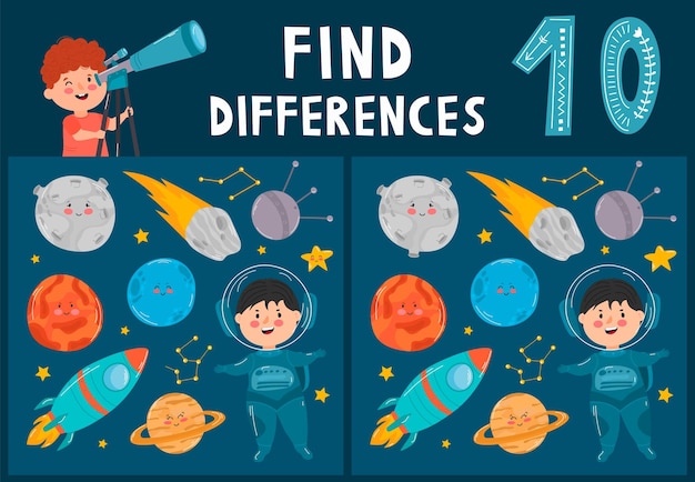 Encuentra diez diferencias Elementos espaciales de dibujos animados lindo niño astronauta cohete planetas y estrellas Juego educativo para niños en edad preescolar Un niño mirando a través del telescopio en la noche Ilustración vectorial